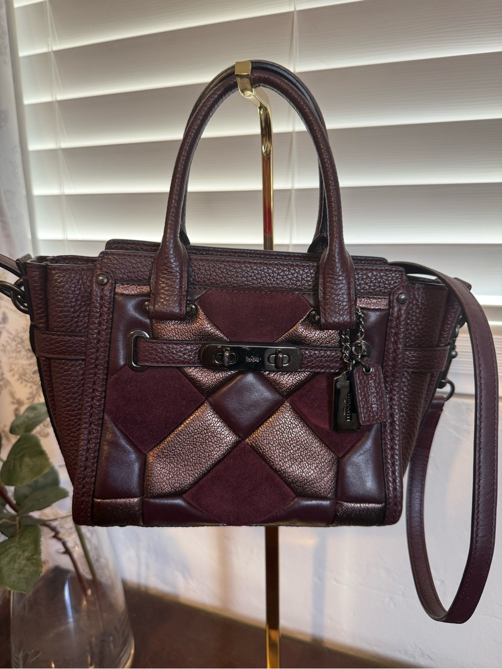 Coach Small Swagger Oxblood Patchwork Leather & Suede Satchel Gunmetal Hardware